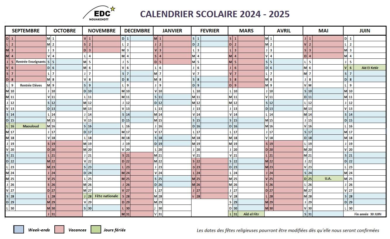 Calendrier scolaire edc 2024 2025