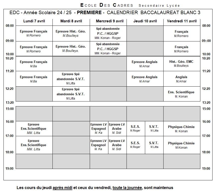 Premiere calendrier des epreuves du bac blanc 3