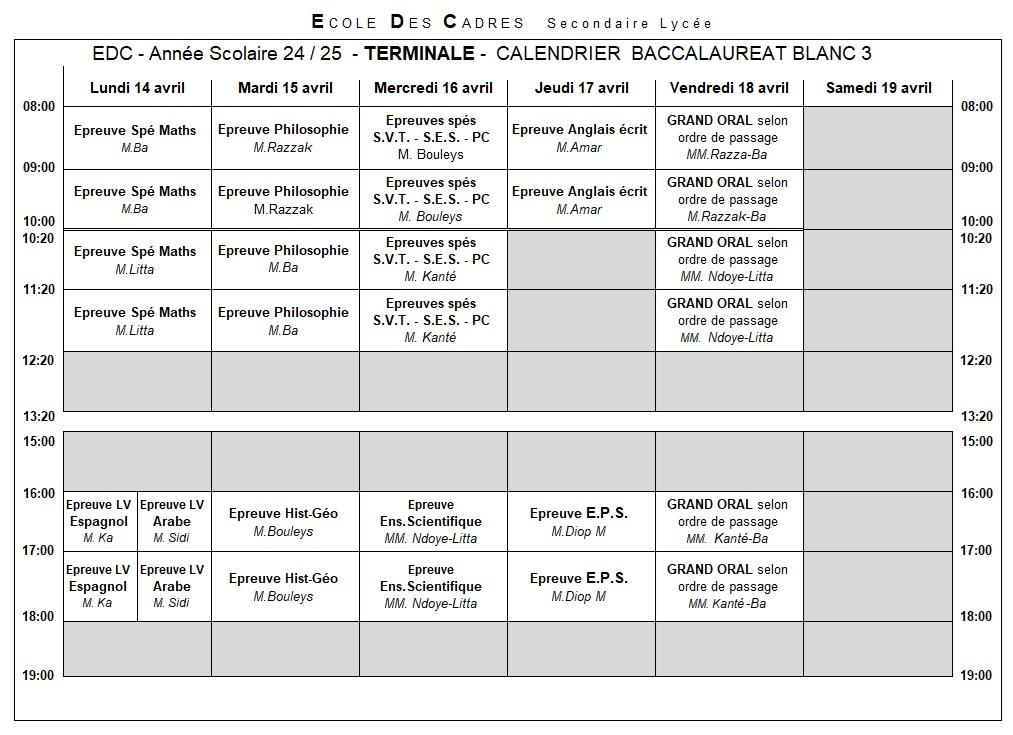 Terminale calendrier des epreuves du bac blanc 3